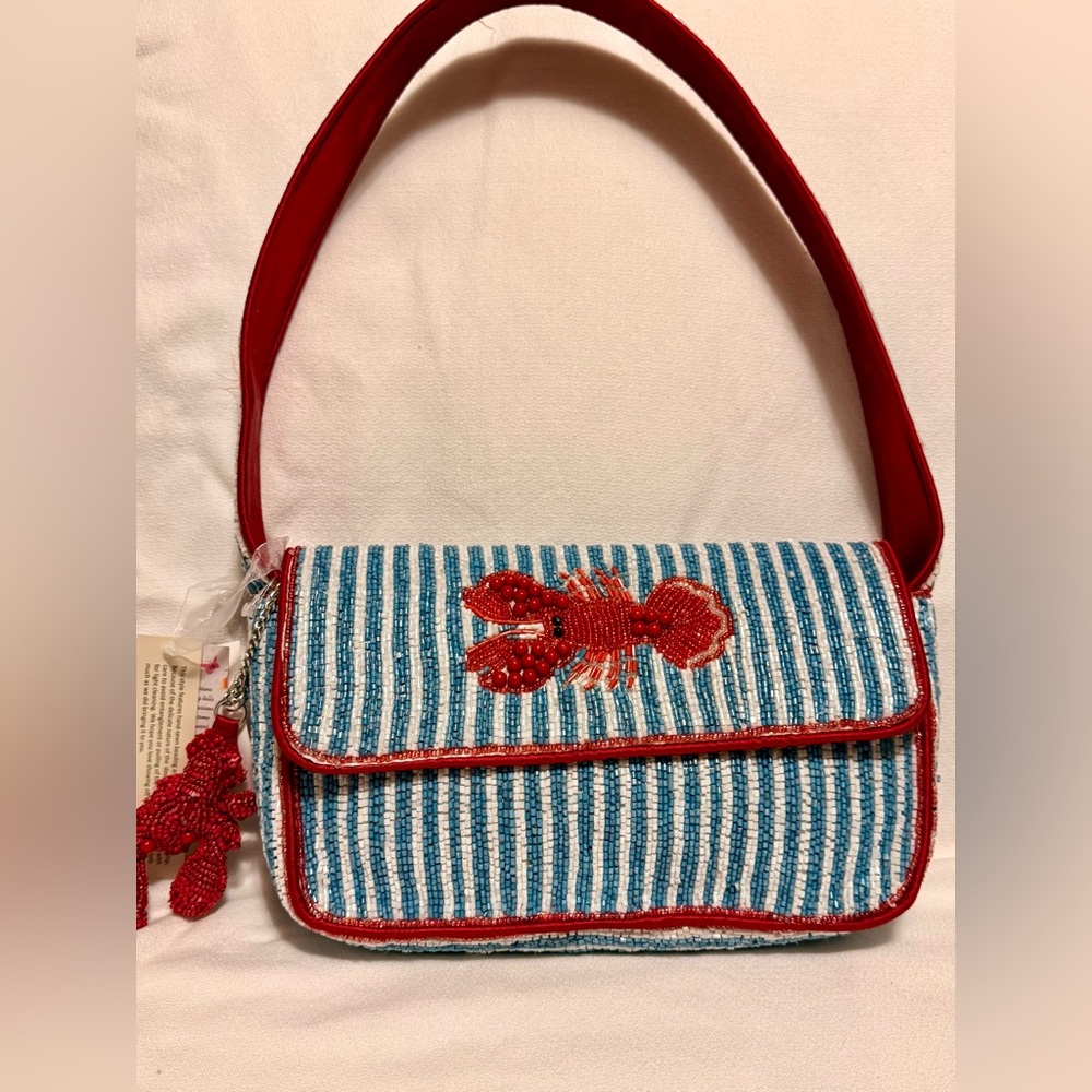 Viral Beaded Red and Blue Striped Lobster Bag with charm
